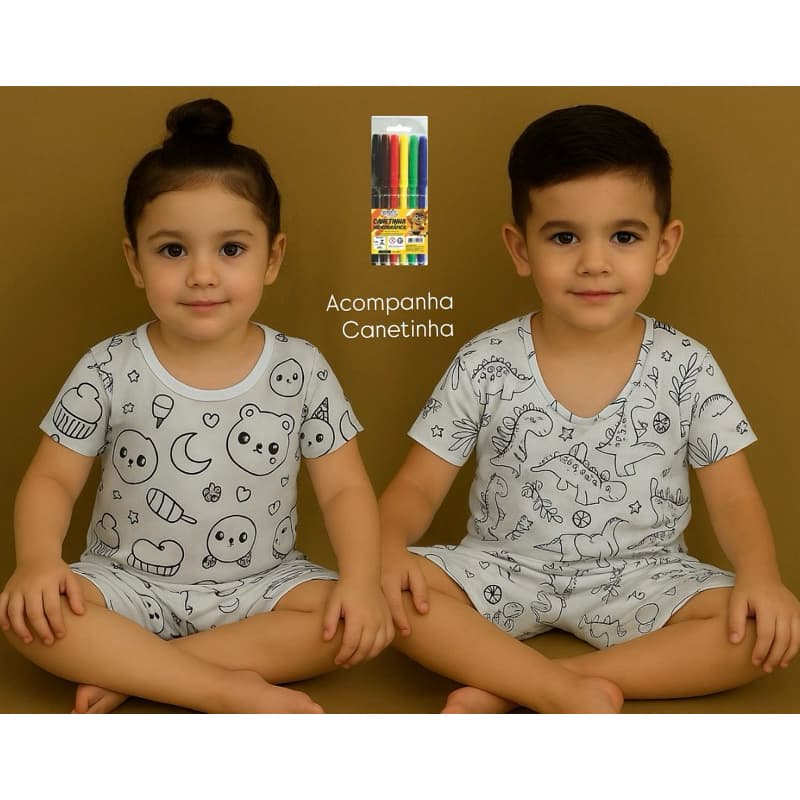 Pijama infantil de colorir lavável acompanha canetinha TAM 2 ao 14