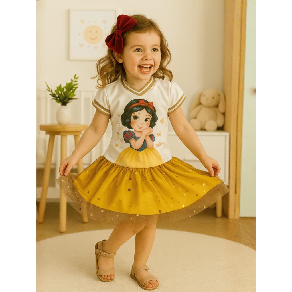 Vestido Princesa Brilho Tule Dourado Branca de Neve Gola Manga Curta Punho Verão Fantasia Festa
