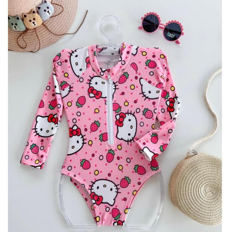 Maiô Infantil Manga Longa e Zíper Para Meninas Hello Kitty