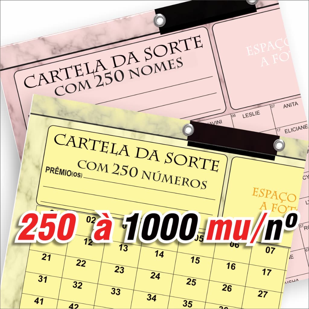 Cartela de Rifa  c/ 250, 300, 500 ... a 1.000 Nomes ou 2.000 Números  - Folha única papel 180g.