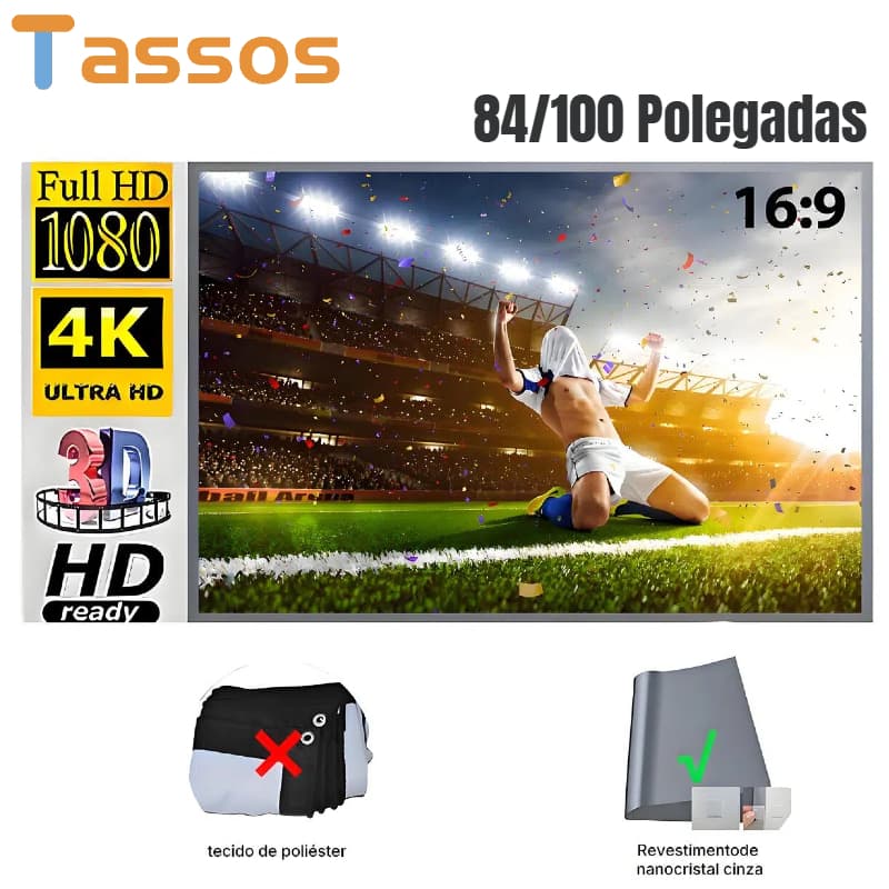 TASSOS Tela De Projeção 84/100 Polegadas 4K Full HD 16:9 Cinza Anti-luz，lavável e portátil