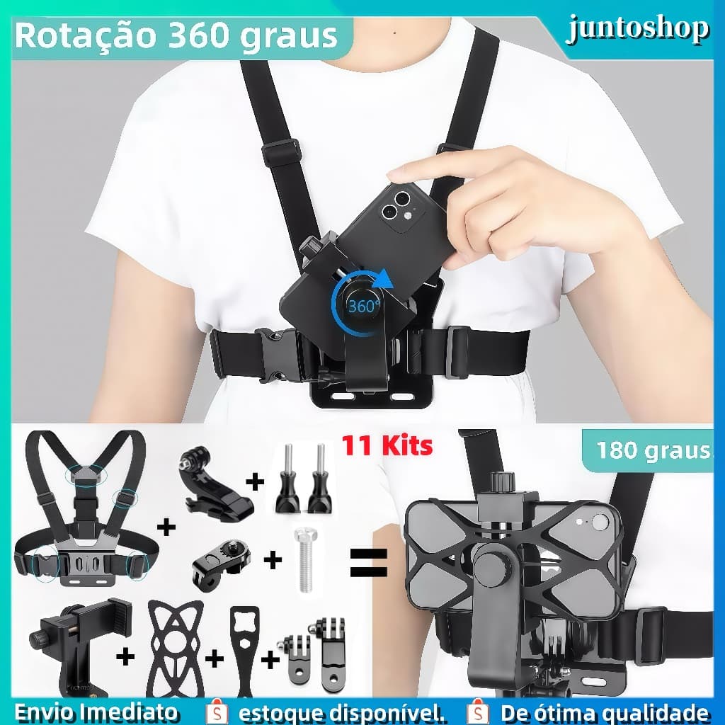 (11 kits)Suporte de Peito Para Celular e Gopro Peitoral Peito ajustável Câmera Esportivo Moto Bike