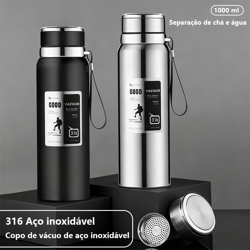 Garrafa 1000ml Inox Térmica Parede Dupla Copo De Água A Vácuo Com Infusor Prata De Água E Cordão Portáti