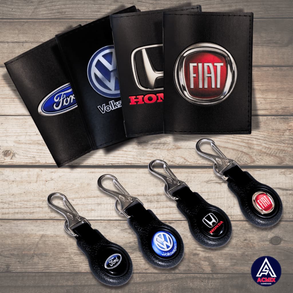Kit Carteira Porta Documentos Carro + Chaveiro Plástico e Resina Mosquetão