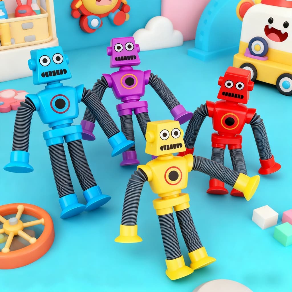 Kit 4 Robôs Cartoon Tubo Telescópico Fofo | Brinquedo Criativo de Descompressão para Crianças
