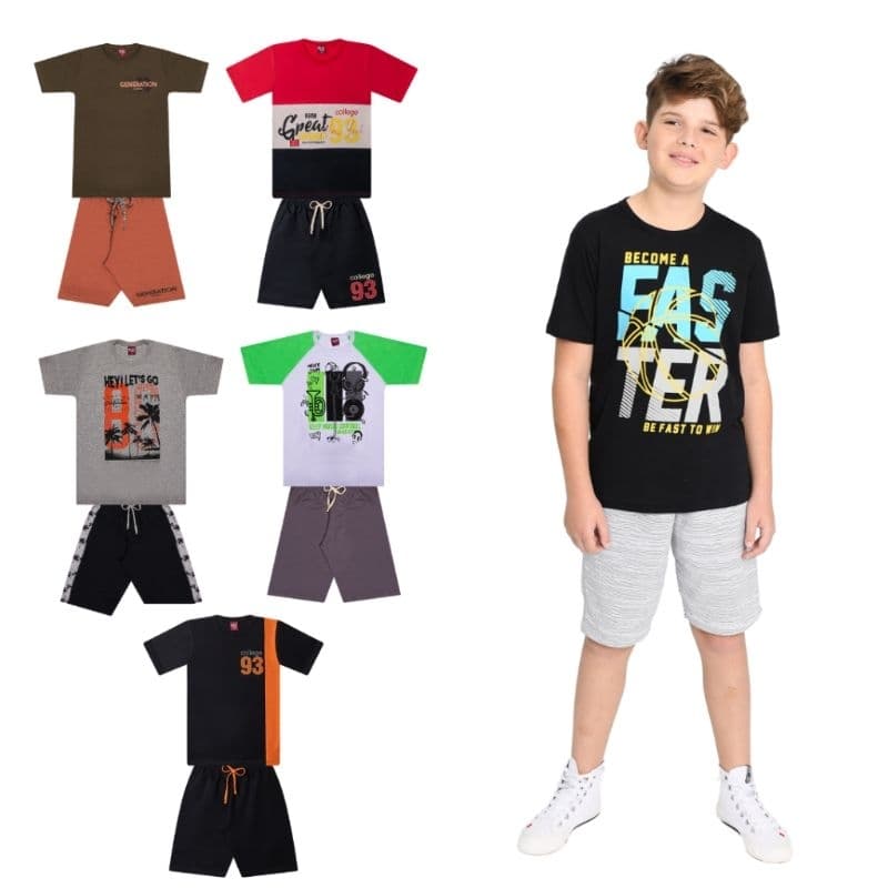 Kit 10 Peças de Roupa Menino Verão - Conjunto Juvenil Masculino - 5 Camisetas e 5 Bermudas