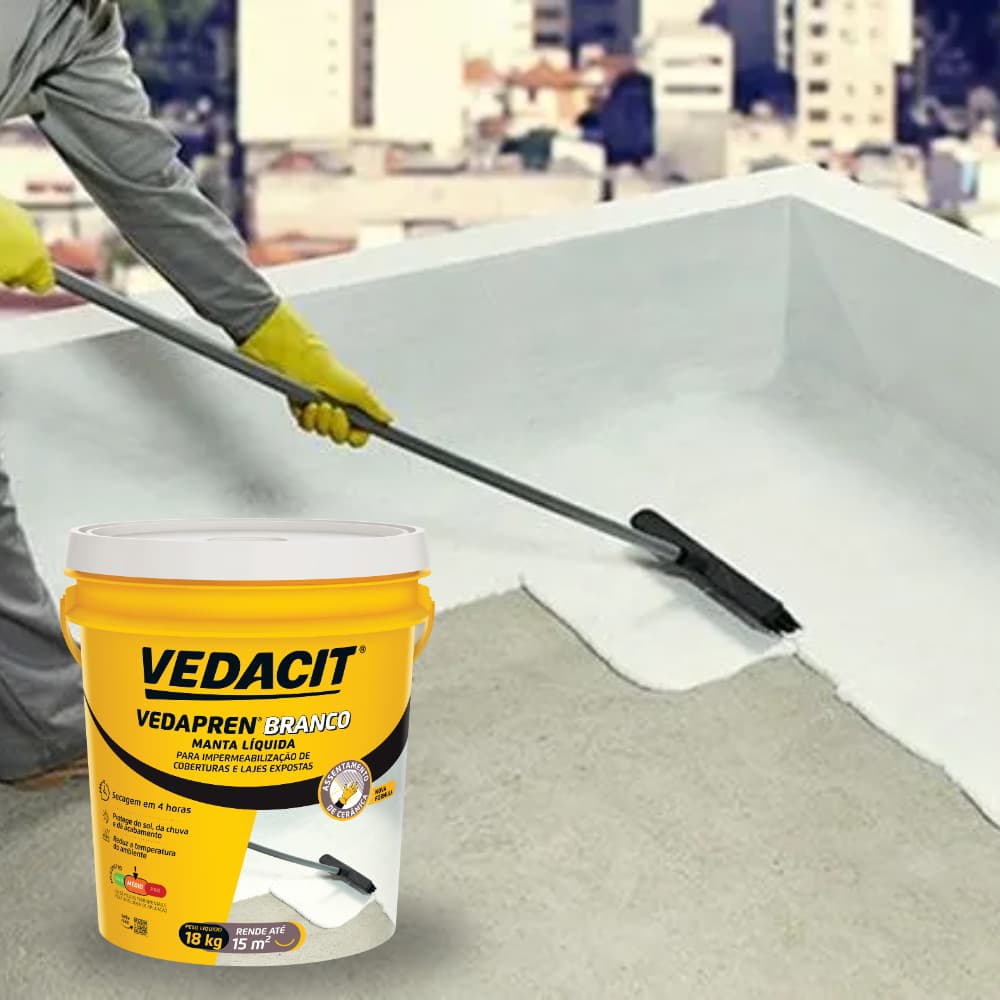 Manta Líquida Acrílica Impermeabilizante 18KG Vedacit Vedapren Branco Balde Cobertura Laje Parede