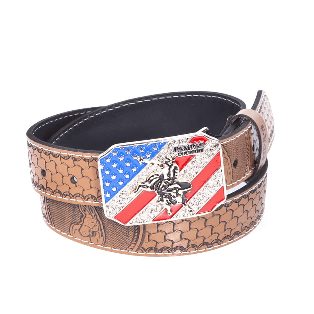 Cinto Infantil Mula Country Estilo Sertanejo Couro Fivela Bandeira EUA Unissex