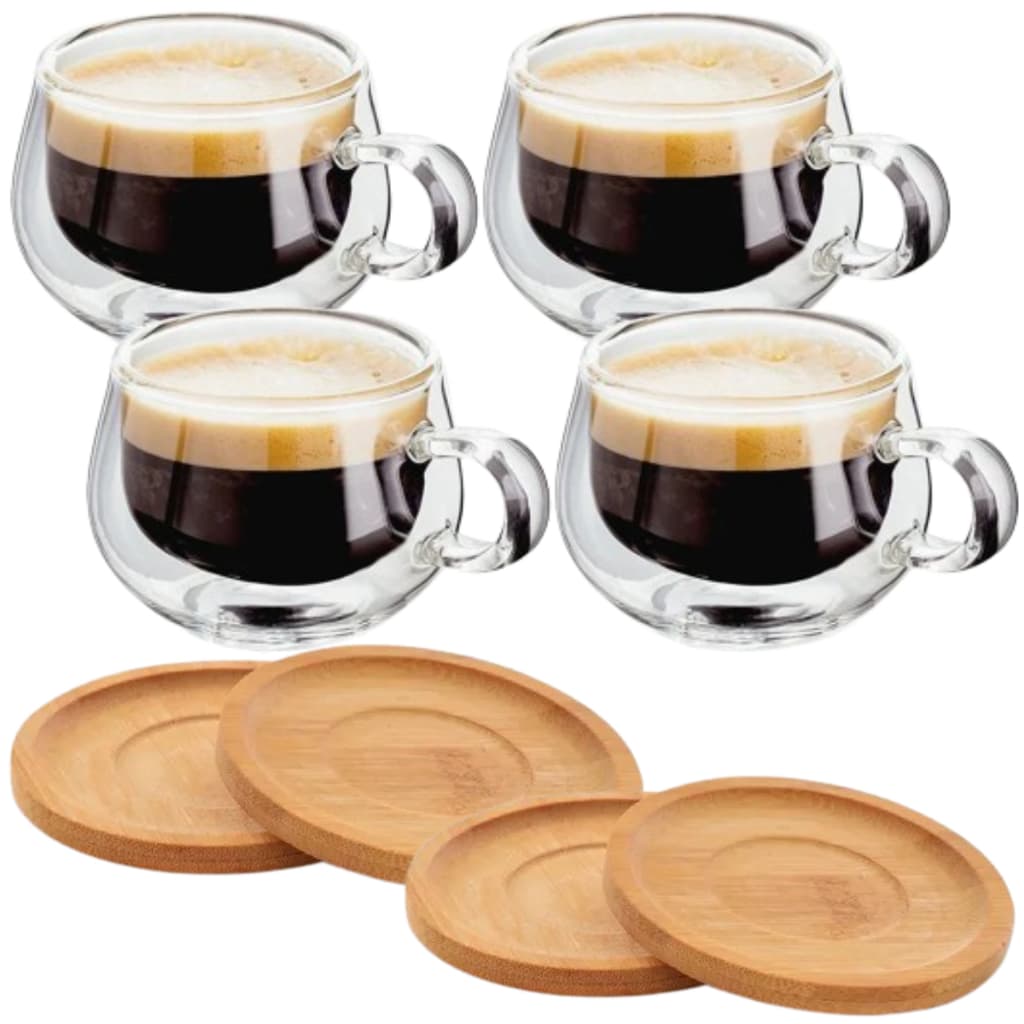 Xicaras Vidro Duplo Com Pires Caneca Parede Dupla 4 Un 150ml