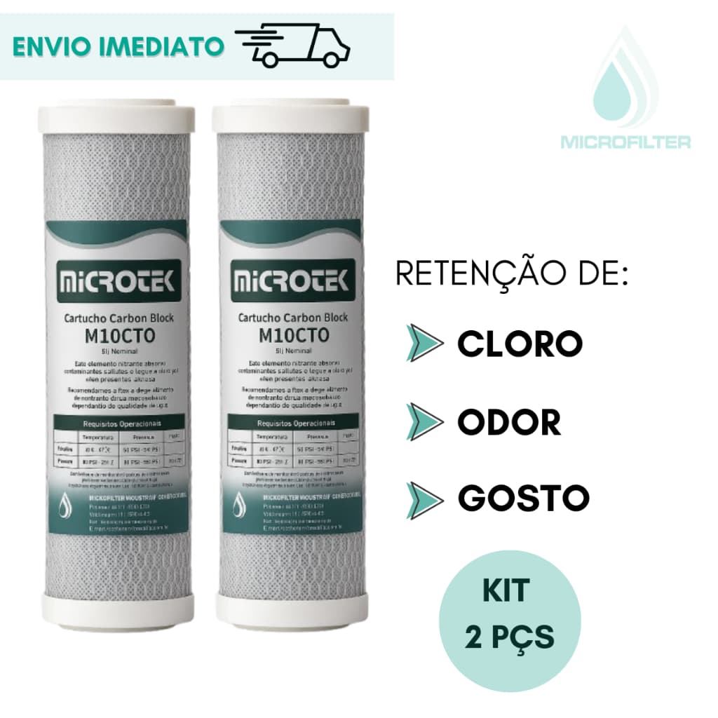 Refil Filtro Carvão Ativado Carbon Block 9.3/4 Remove Cloro e Odor da Água Purificador Kit 02 Pçs