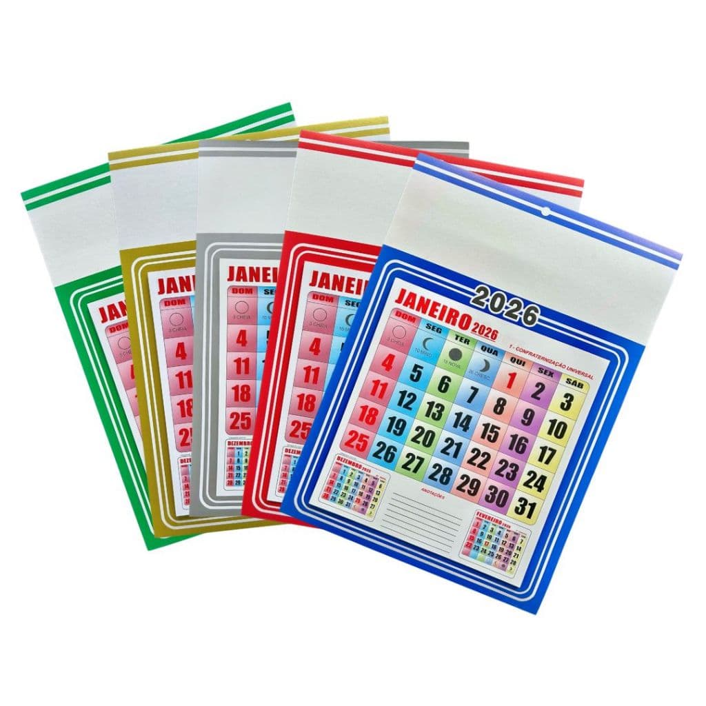 Calendário Completo Parede Folhinha Bloco Comercial Ano 2026 Colorido 27x37cm Unitário