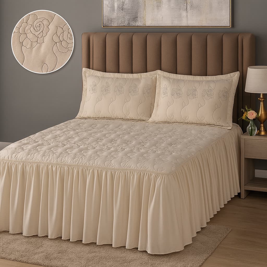 Kit 3 Peças Colcha Casal Padrao Requinte Toda Bordada Avelã