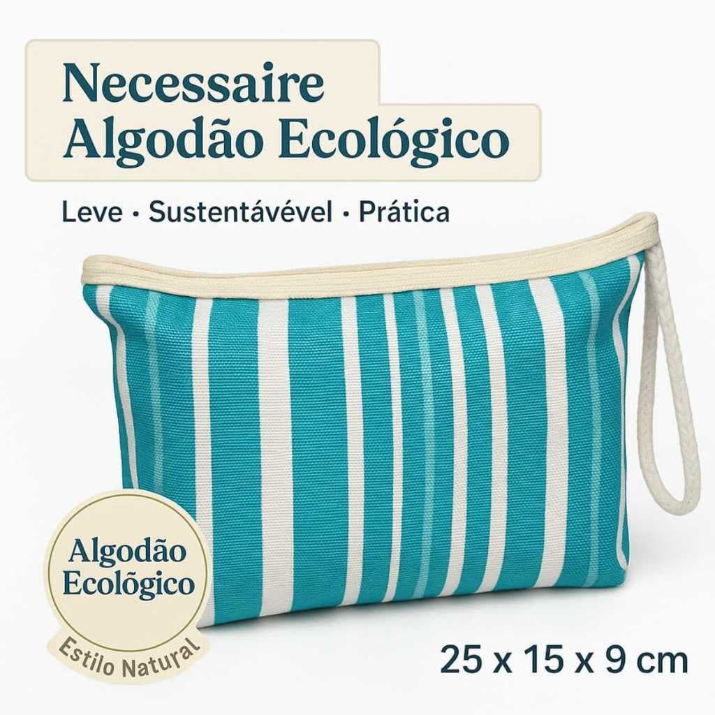 Necessaire Algodão Ecológico Estampada com Zíper e Alça Corda Sustentável