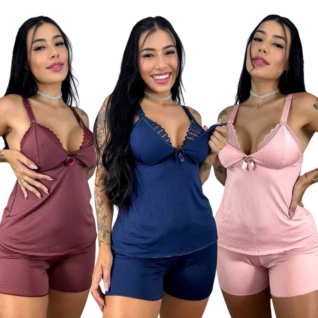Kit 3 Baby Doll Amamentaçao Regata Botao Amamentar Short Curto Pijama Gravida Gestante Pós Cirurgico Parto