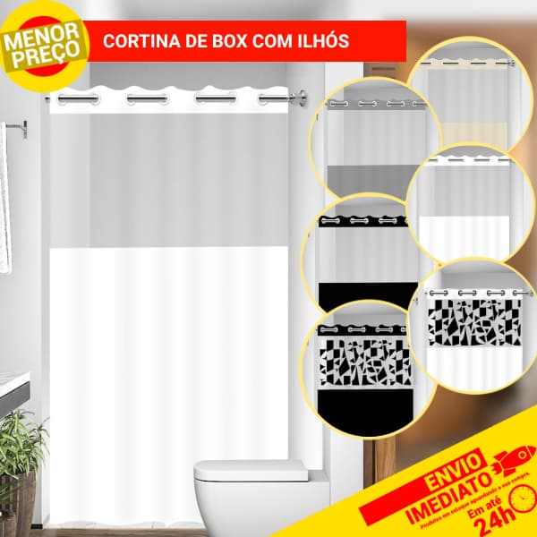 Cortina Box com Visor Transparente P/ Banheiro Ilhós PVC Anti Mofo Resistente Lisa / Estampada