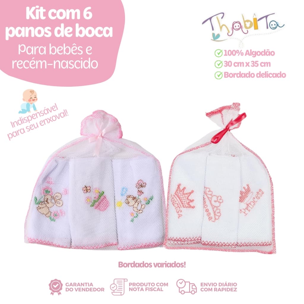 Kit 6 Panos de Boca Simples Bebê Recém-Nascido Feminino Masculino Estampa Sortida Indispensável para Enxoval Infantil
