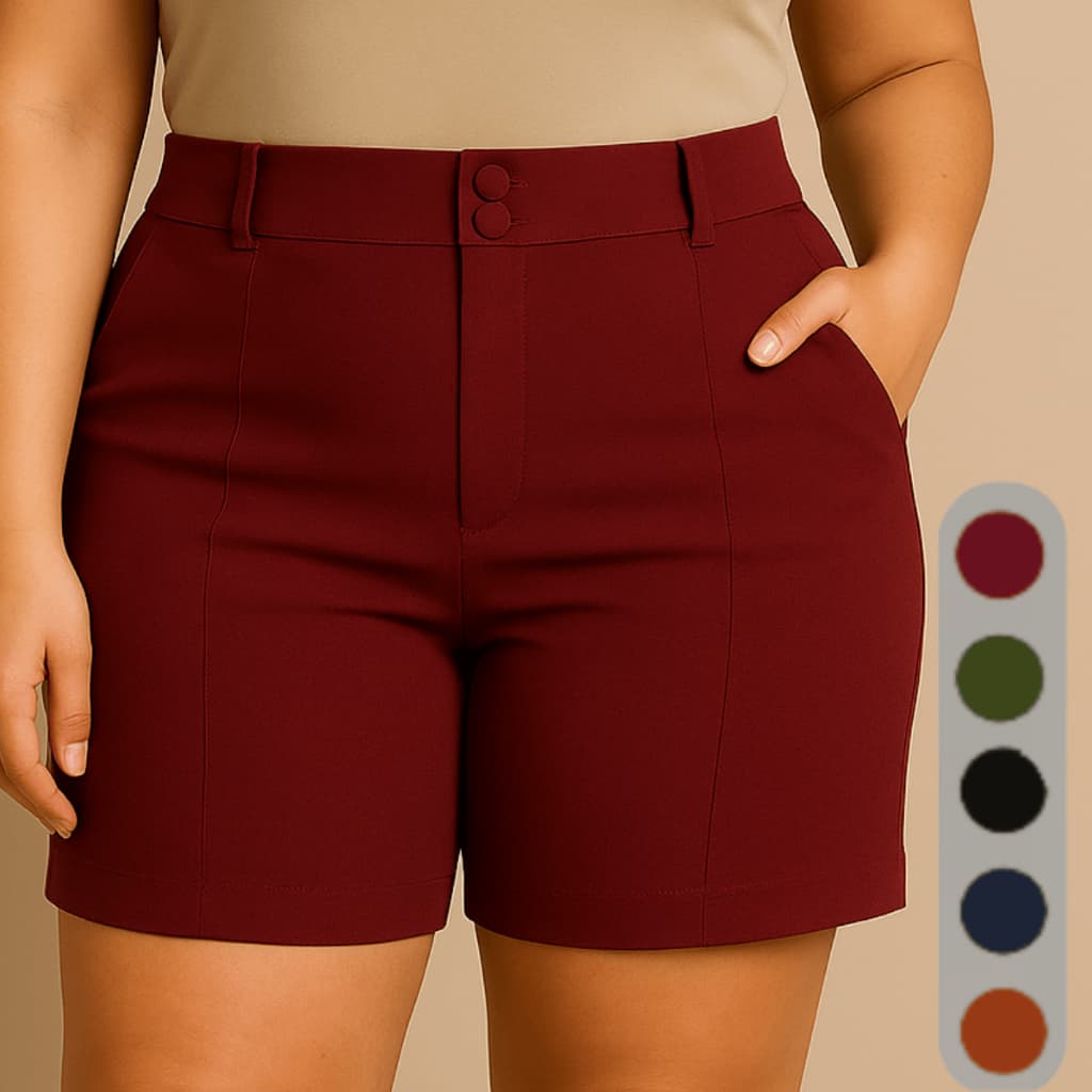 Shorts Bermuda Social Plus Size Feminina Com 2 Botões Cintura Alta Alfaiataria Tecido Bengaline 42 ao 52