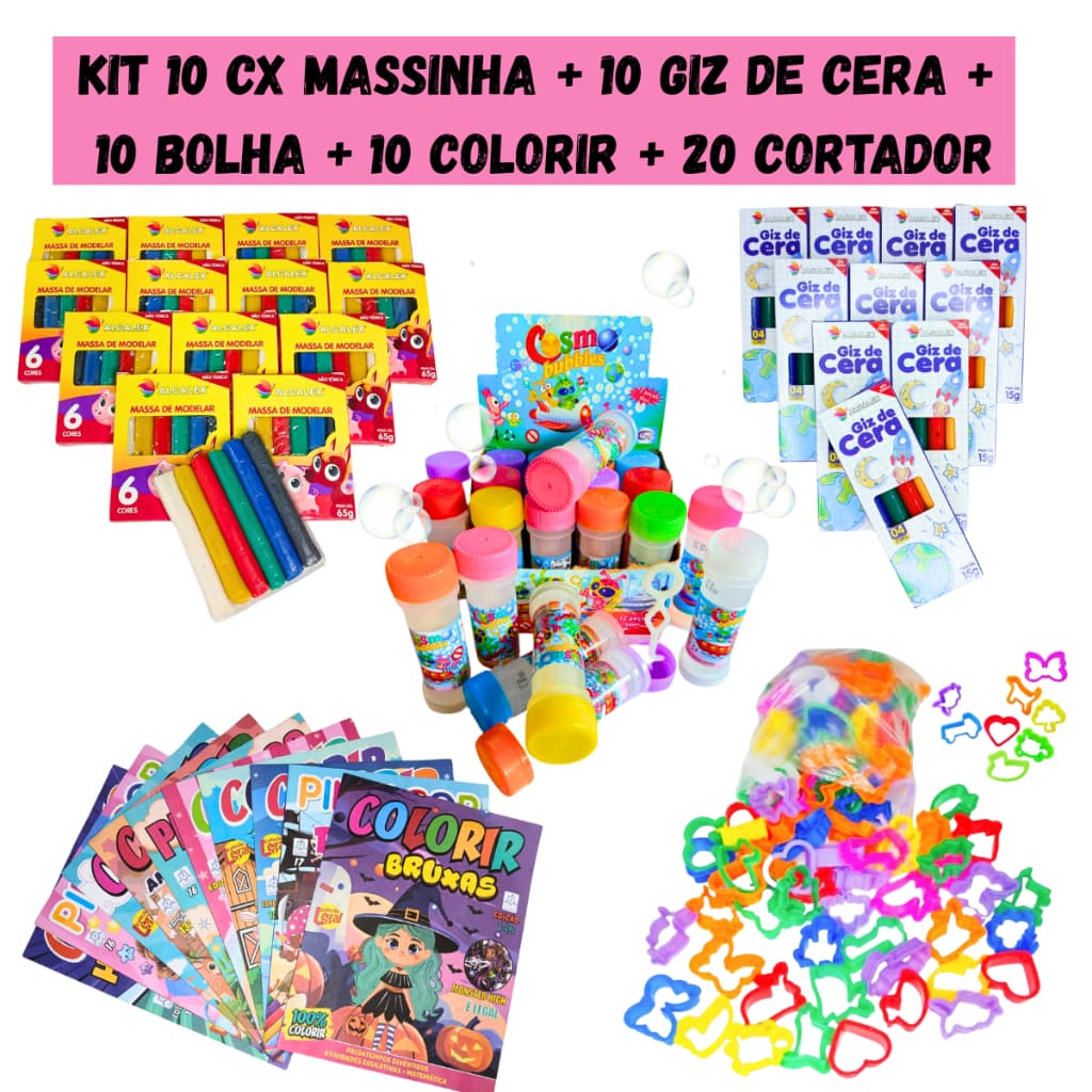 Kit 10 Massinha Modelar + 10 Bolha Sabão + 10 Giz Cera + 20 Corta + 10 Colorir Lembrancinha Infantil