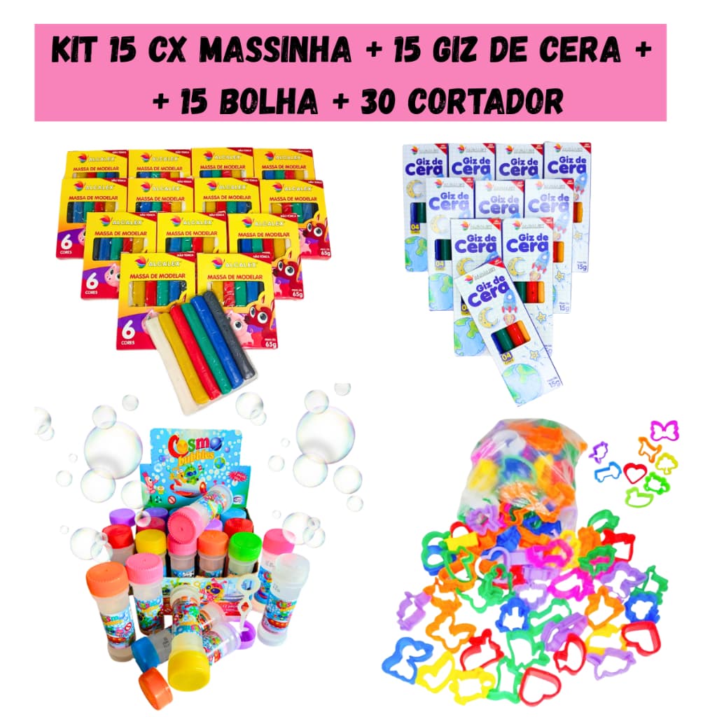 Kit 15 Massinha de Modelar + 15 Mini Giz de Cera + 15 Bolha de Sabão  + 30 Cortadores de Massinha