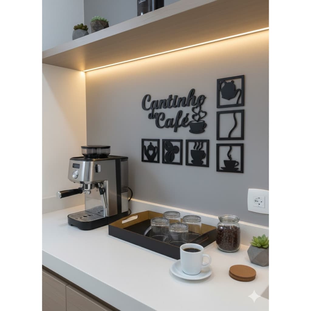 Kit Cantinho do Café em MDF – Letreiro, Quadros e Bandeja Decorativa para Parede