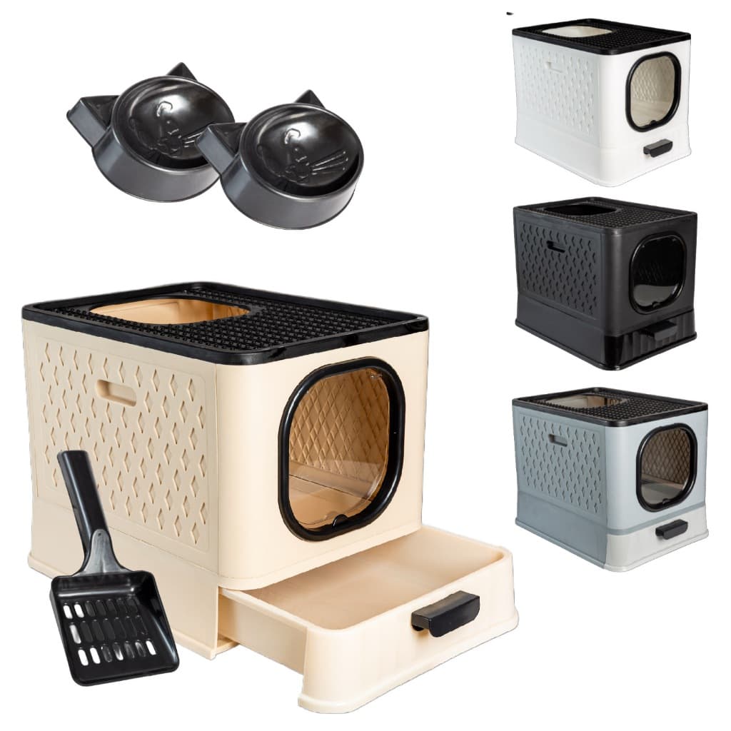 Caixa de Areia Para Gato Sanitário Antiodor Banheiro Resistente Sandbox Com Comedouro e Pá