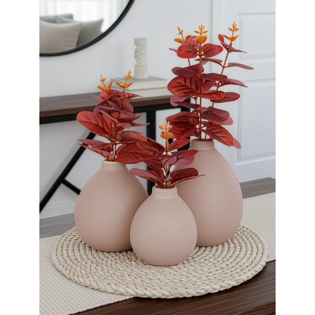 Kit 3 Vasos de Cerâmica Flor Eucalipto Artificial Decorativa Toque Real