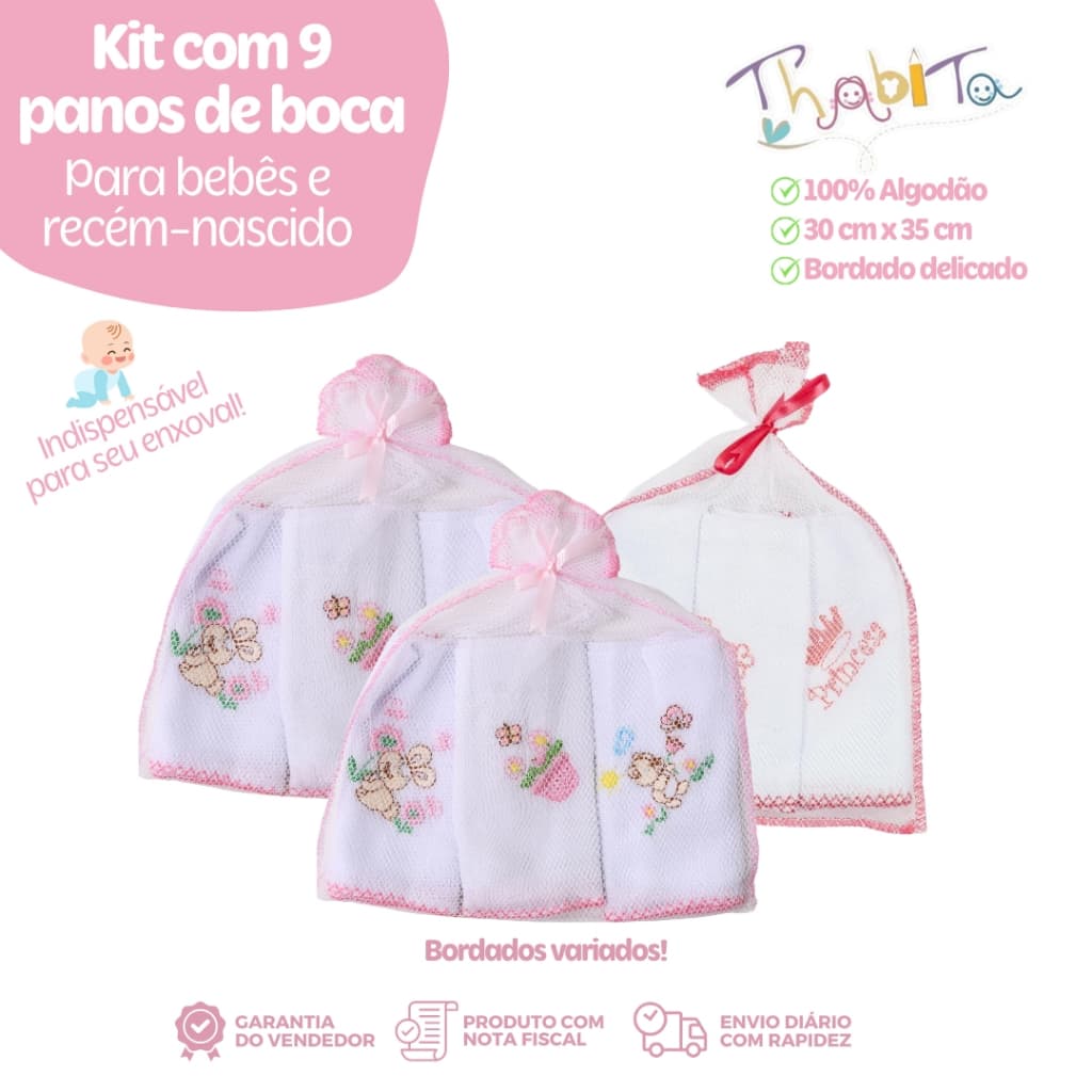 Kit 9 Panos de Boca Simples Bebê Recém-Nascido Feminino Masculino Estampa Sortida Indispensável para Enxoval Infantil
