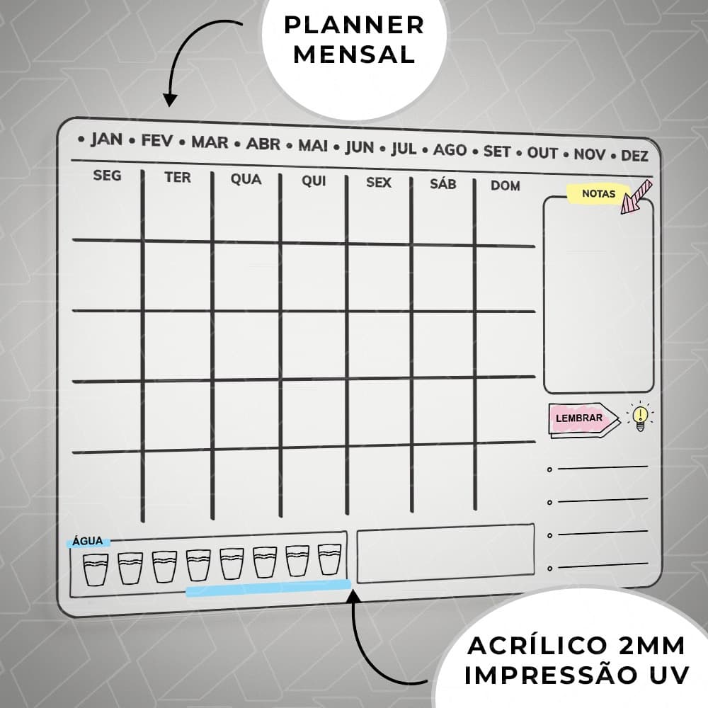 Planner Acrílico Transparente Calendário Semanal e Mensal 50x35 40x28 30x21cm
