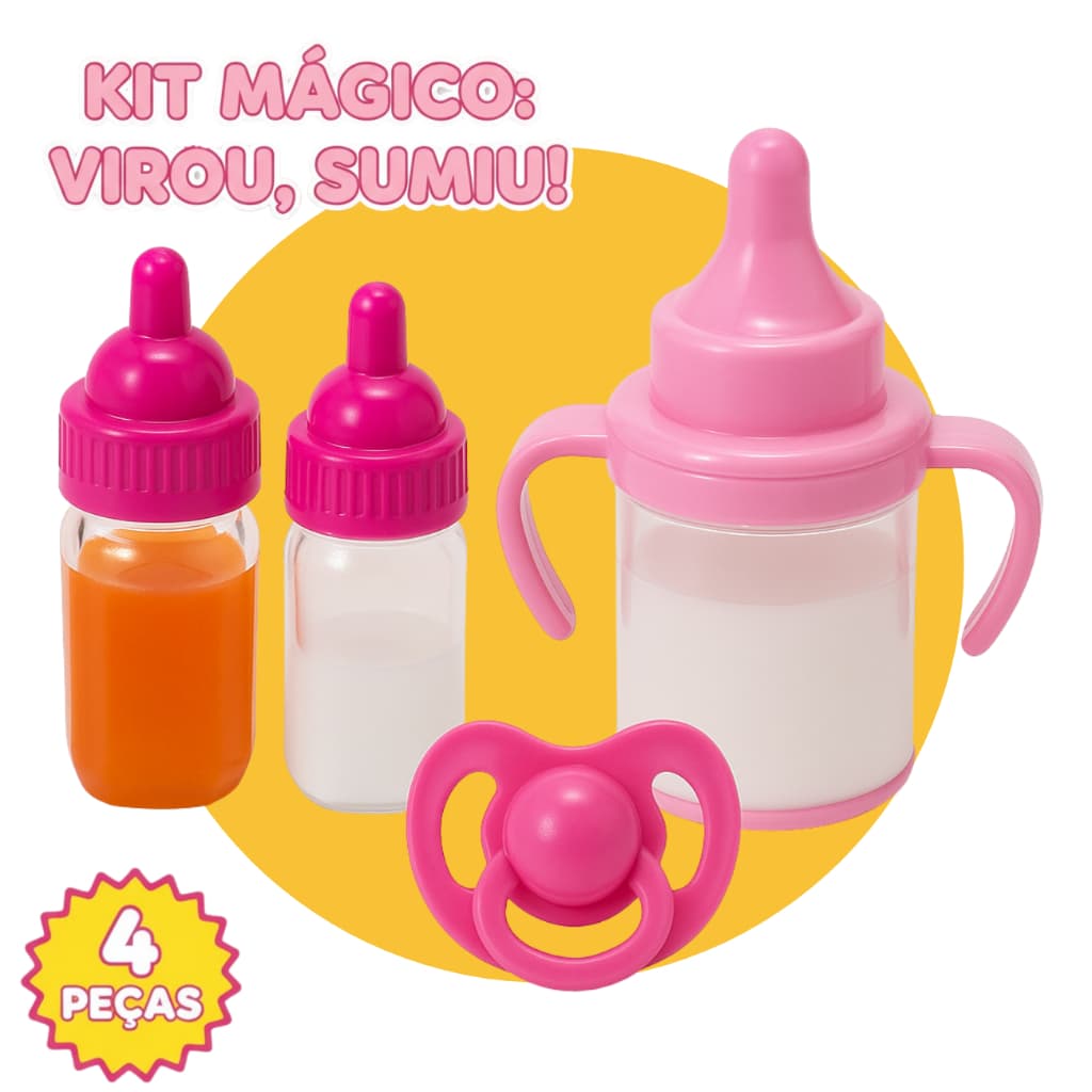 Kit Mamadeira Mágica e Chupeta p Boneca 4 peças Brinquedo Infantil Criança Meninas Leite e Suco bebe