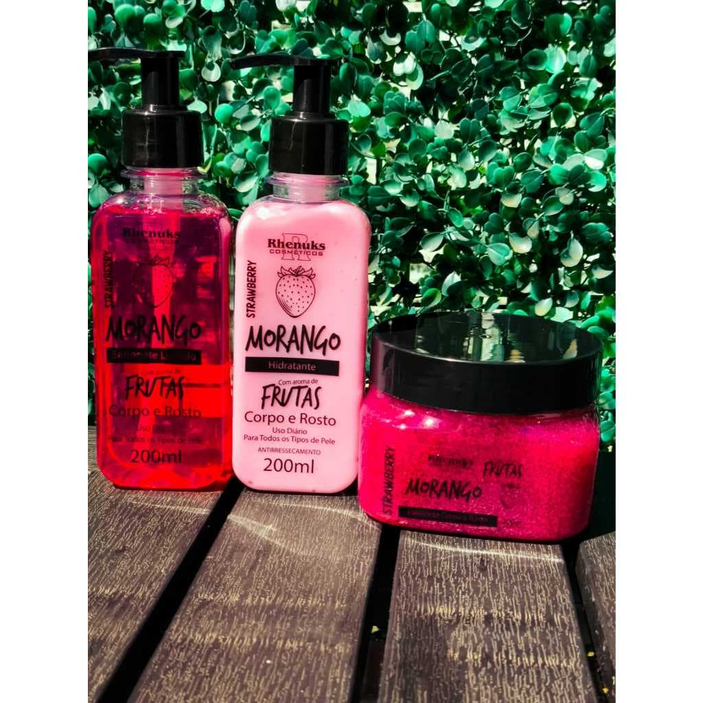 Kit Morango: Esfoliante  + Hidratante corporal + Sabonete Líquido corpo e rosto