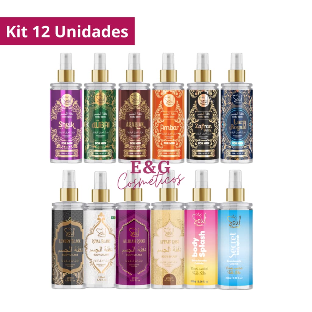 Kit 12 Body Splash Masculino e Feminino Árabe e Classicos Soul Cosméticos 200ml