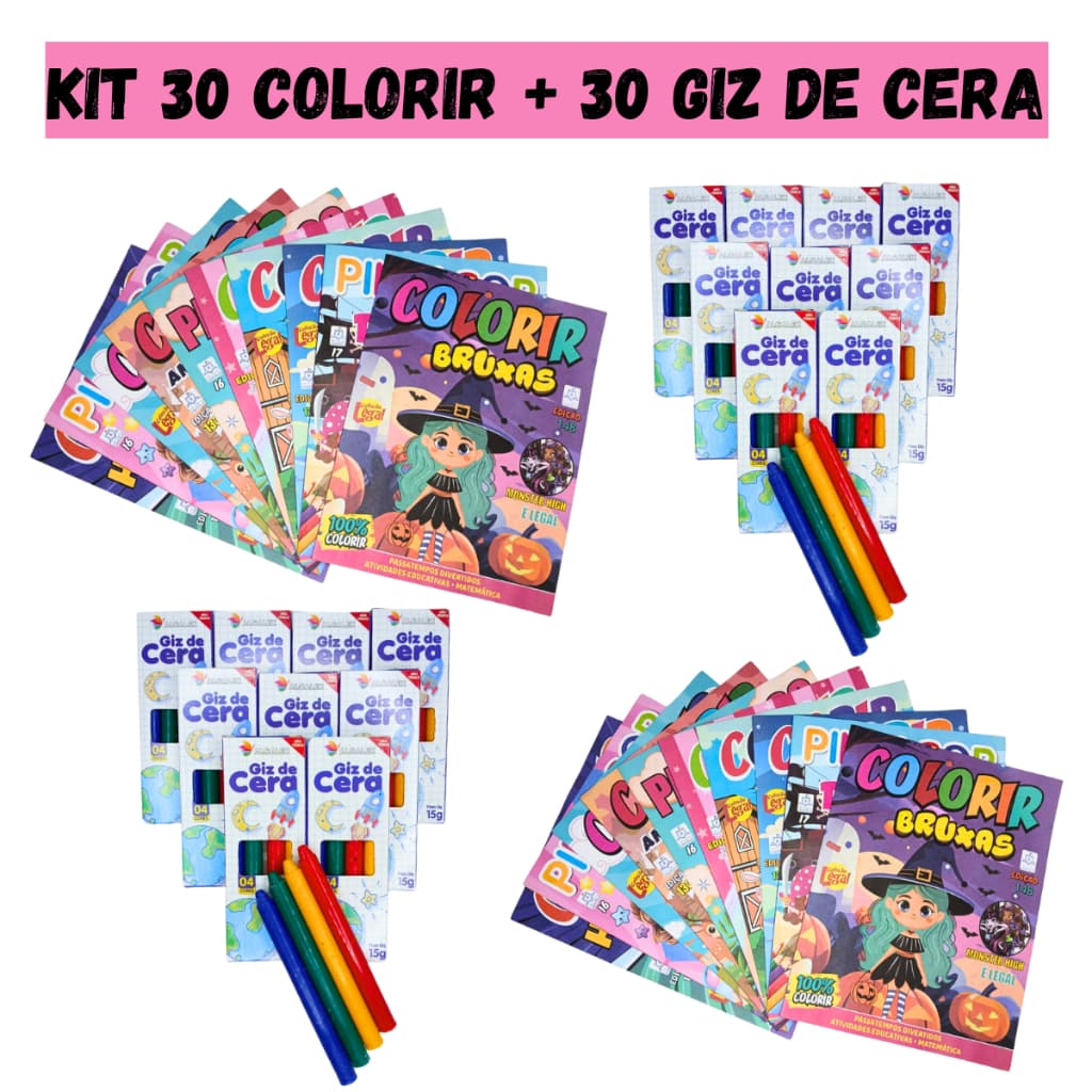 Kit 30 Revistinha Livro de Colorir + 30 Cx Giz de Cera Mini 5 Cores P/ Kit Festa Lembrancinha