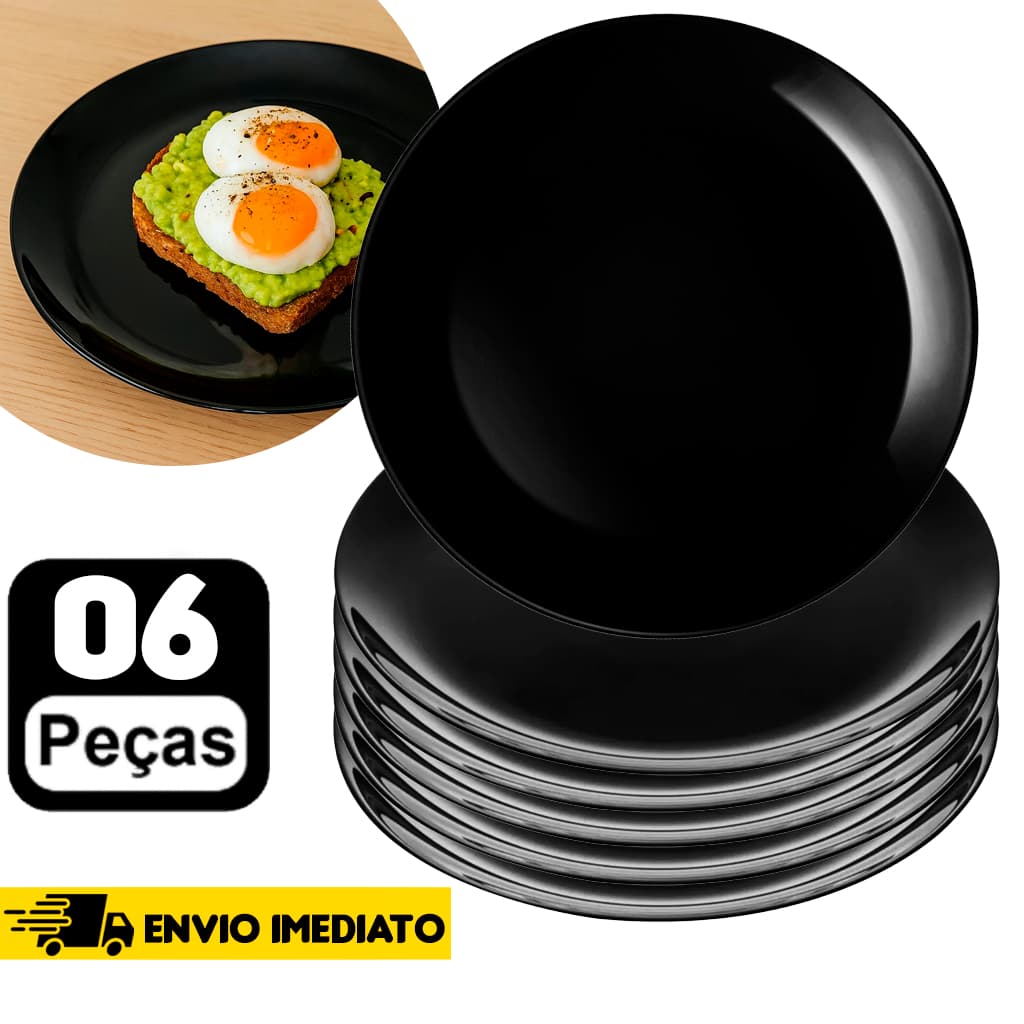 Kit Jogo de 06 Unidades Pratos Redondo Raso Preto Opaline Liso 25 cm Vidro Temperado