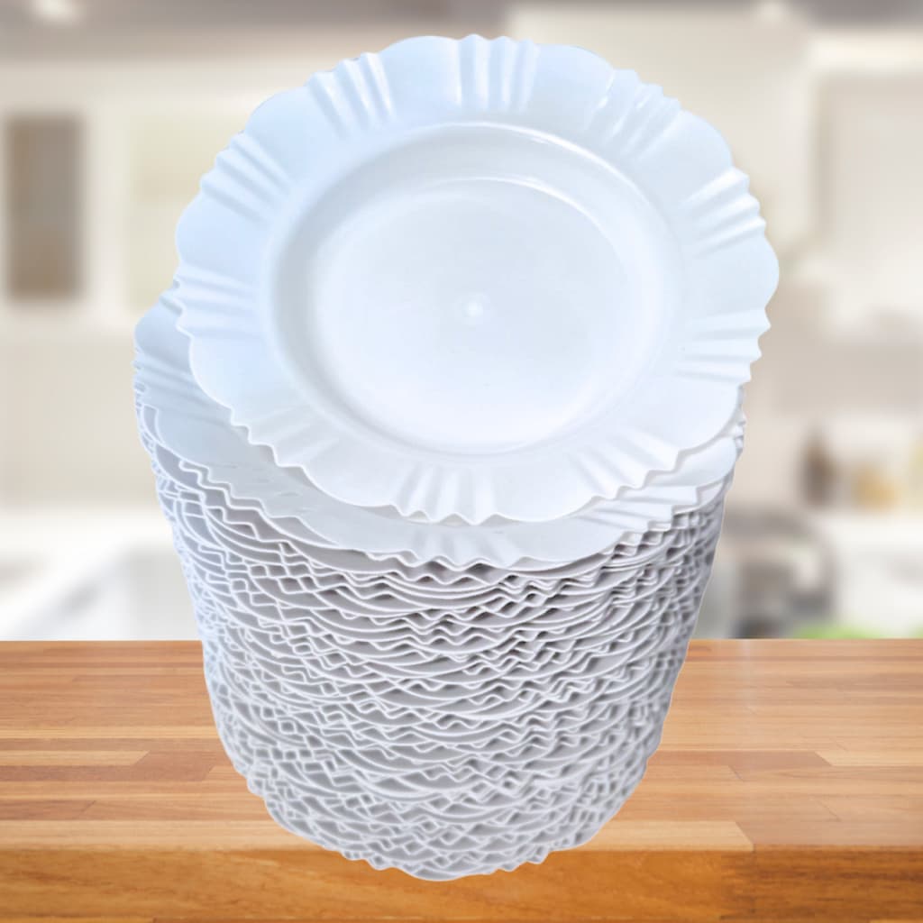 Kit Pratos Branco Pétala Fundo Com Borda Plástico Prato Para Festa Churrasco