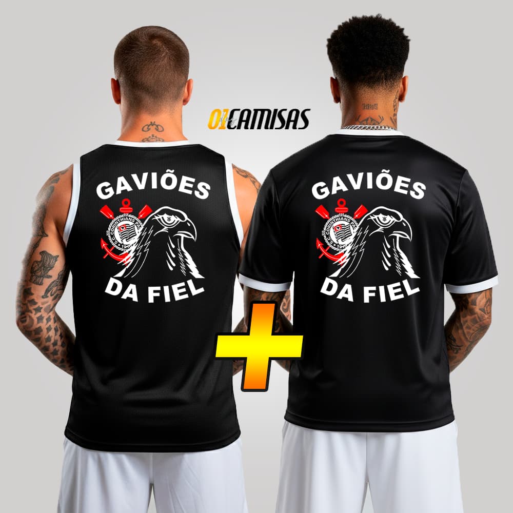 Kit 2 Camisas Gaviões da Fiel Dry Fit (Manga Curta + Regata) | Torcida Organizada | Várias Cores