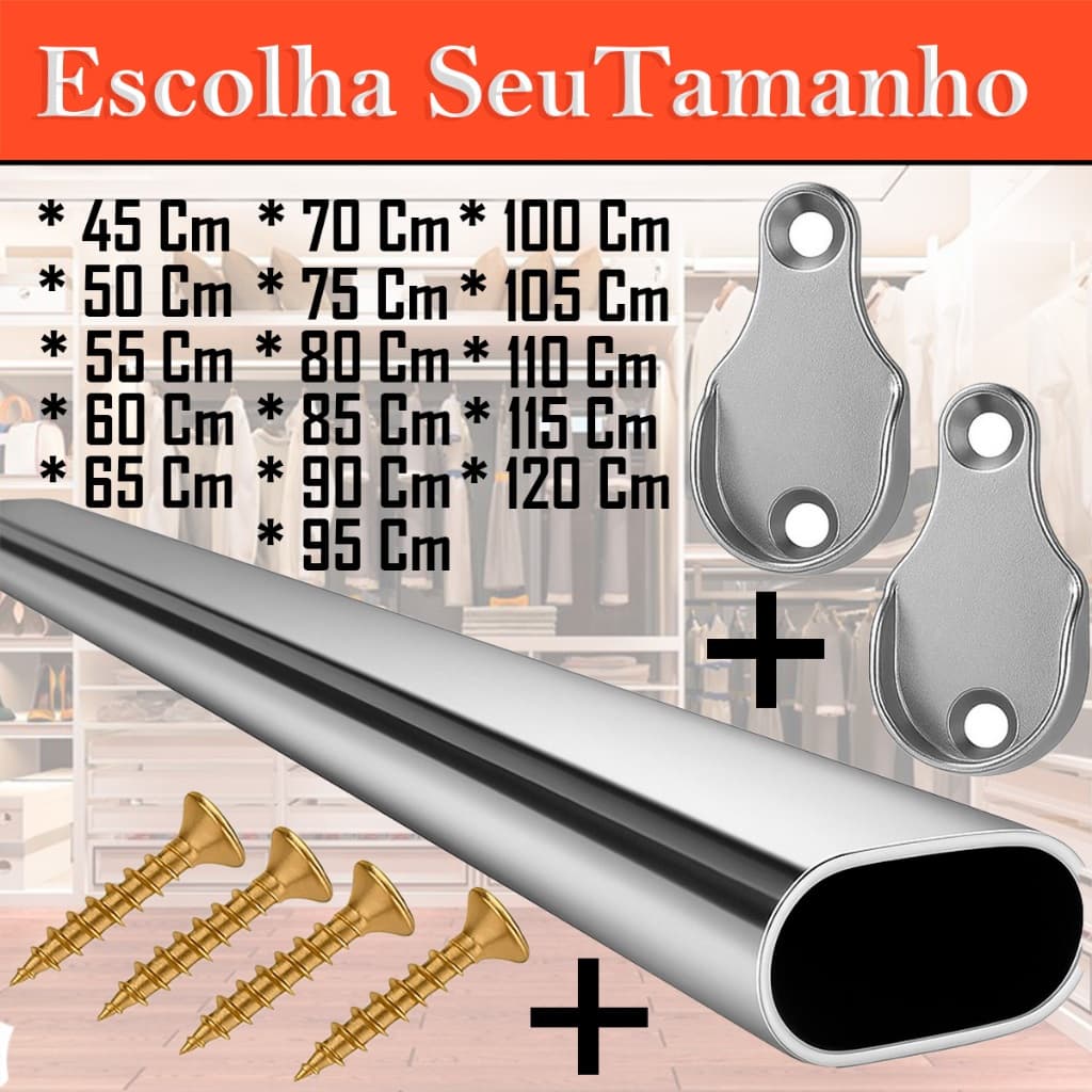 KIT Tubo Cabideiro Oval Cromado COMPLETO c/ Suportes + Instalação | Medidas Variadas / Sob Medida