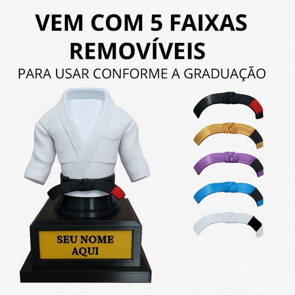 Troféu kimono personalizável 3d com 5 faixas removíveis judô jiu-jitsu karatê decoração ou premiação