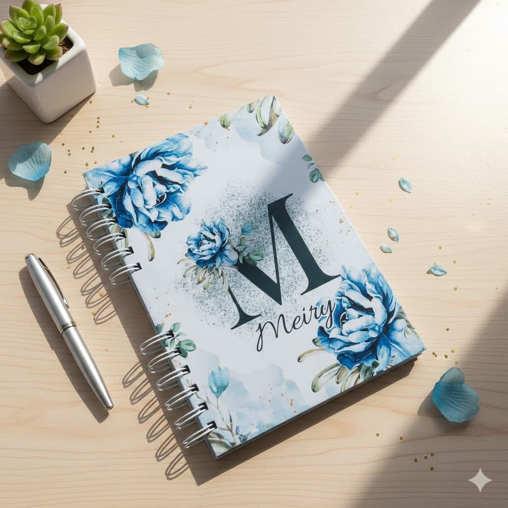 Caderno Floral Azul Personalizado Inicial Nome A5 Papelaria Arte Escritório Empresa Presente
