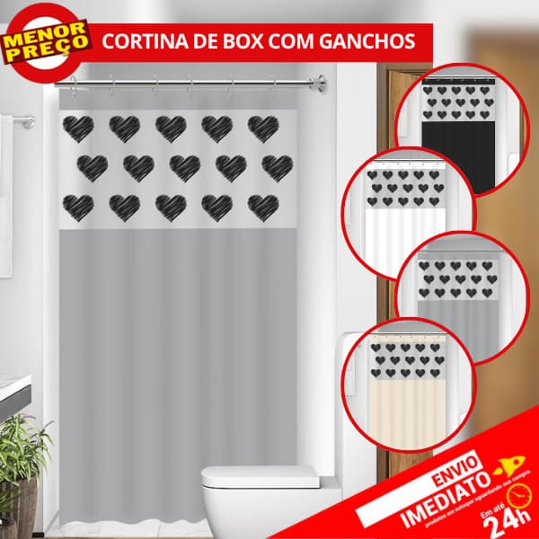 Cortina Box com Visor Coração p/ Banheiro Anti Mofo Resistente Alta Qualidade 100% PVC Com Ganchos