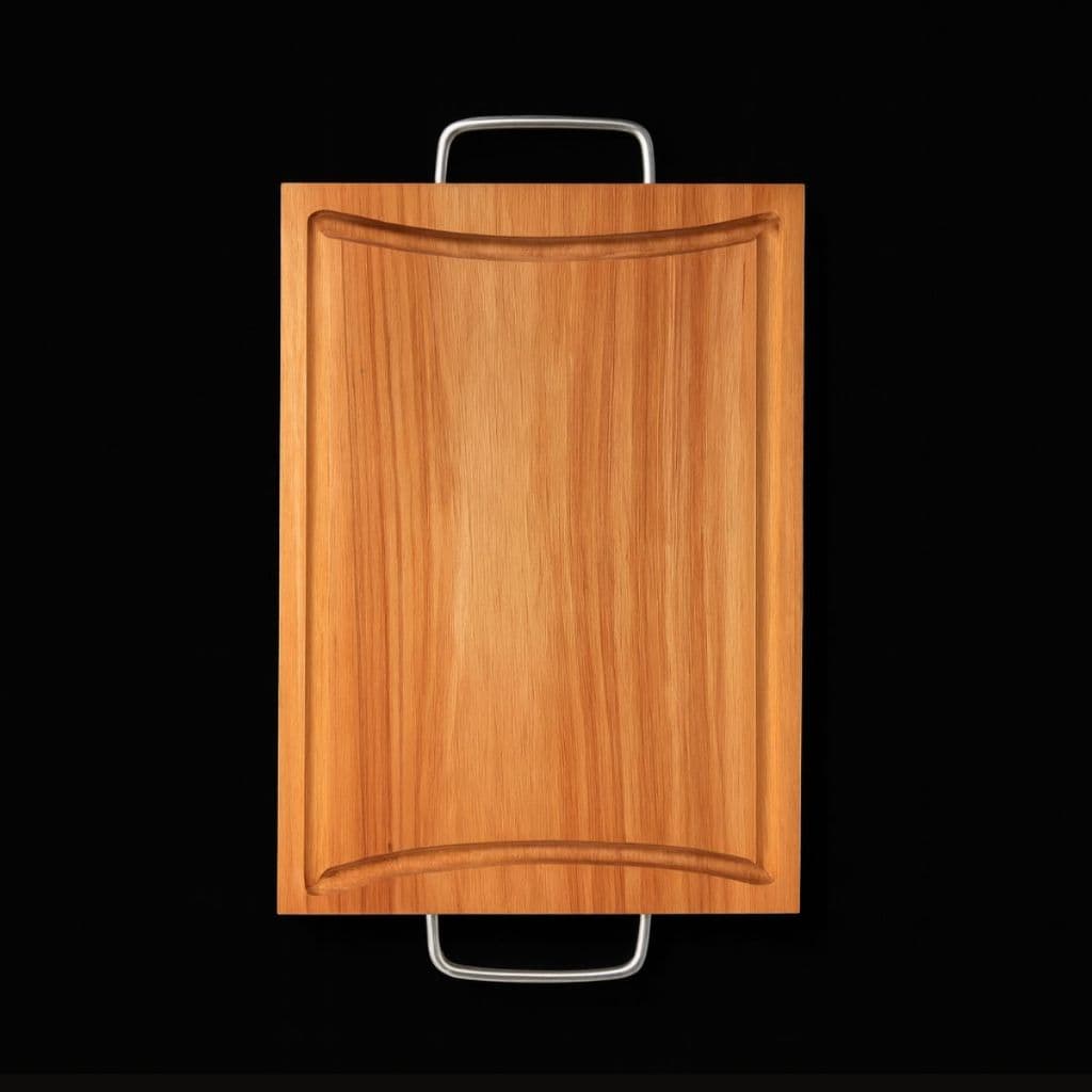 Tabua de Carne em Eucalipto Rústica com Alça Metálica e Canaleta – Premium e Sustentável