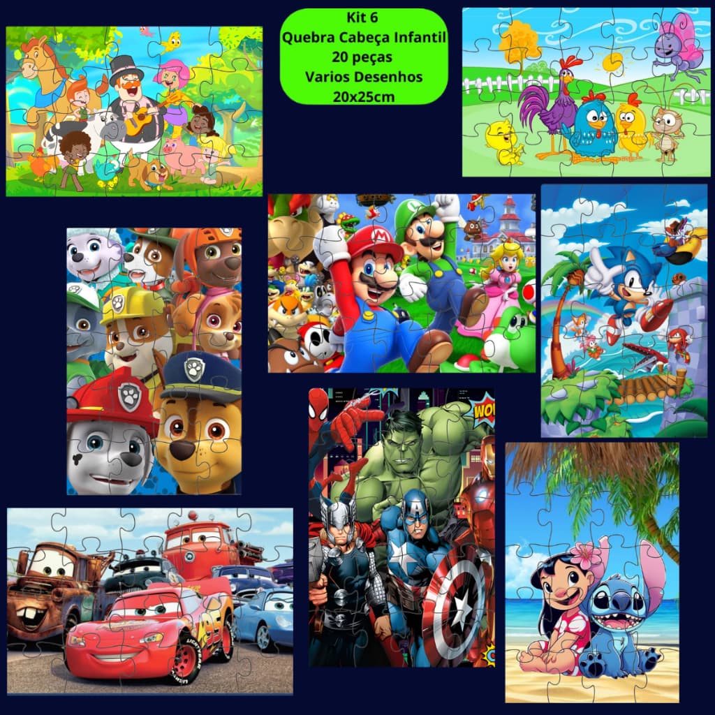 Kit 6 Quebra Cabeça Infantil 20 peças em Mdf Grande 20x25 Brinquedo Jogo de Criança Varios Desenhos