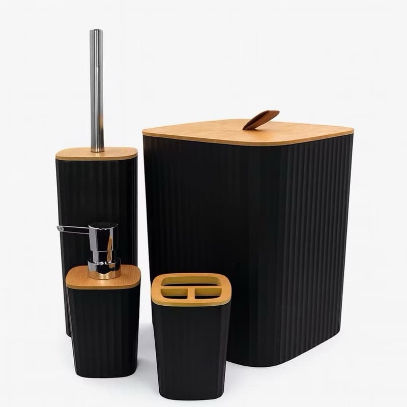Kit Banheiro 4 Peças Tampa Bambu Lixeira Porta Escova Dispenser de Sabonete Liquido Escova Quadrado Redondo
