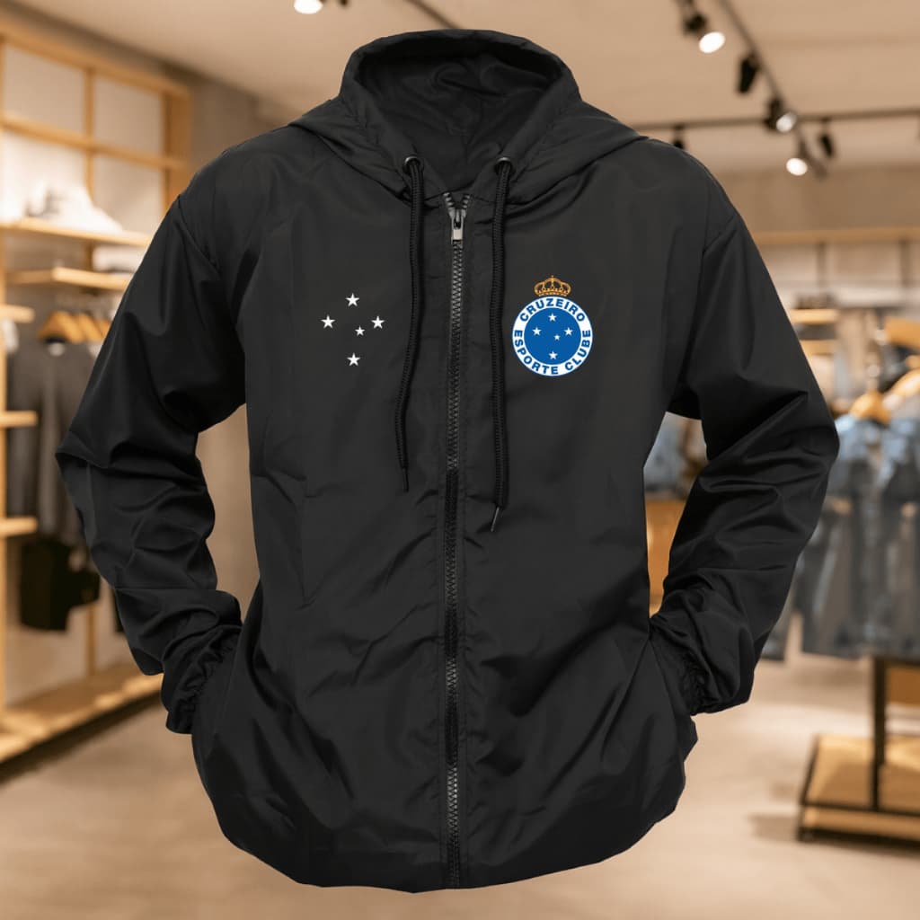 Casaco Corta Vento Esportivo Cruzeiro Jaqueta Impermeável Com Capuz E Ziper
