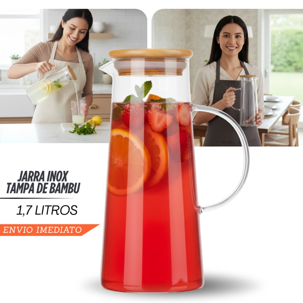 Jarra De Vidro 1,7 Litros Borossilicato Tampa Em Bambu Ergonomica Resistente a o Calor Com Bico Inteligente