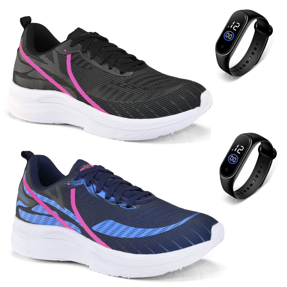 Kit 2 Pares Tênis Feminino Barato Leve + Kit Relógio Academia Casual Confortável Promoção Caminhada