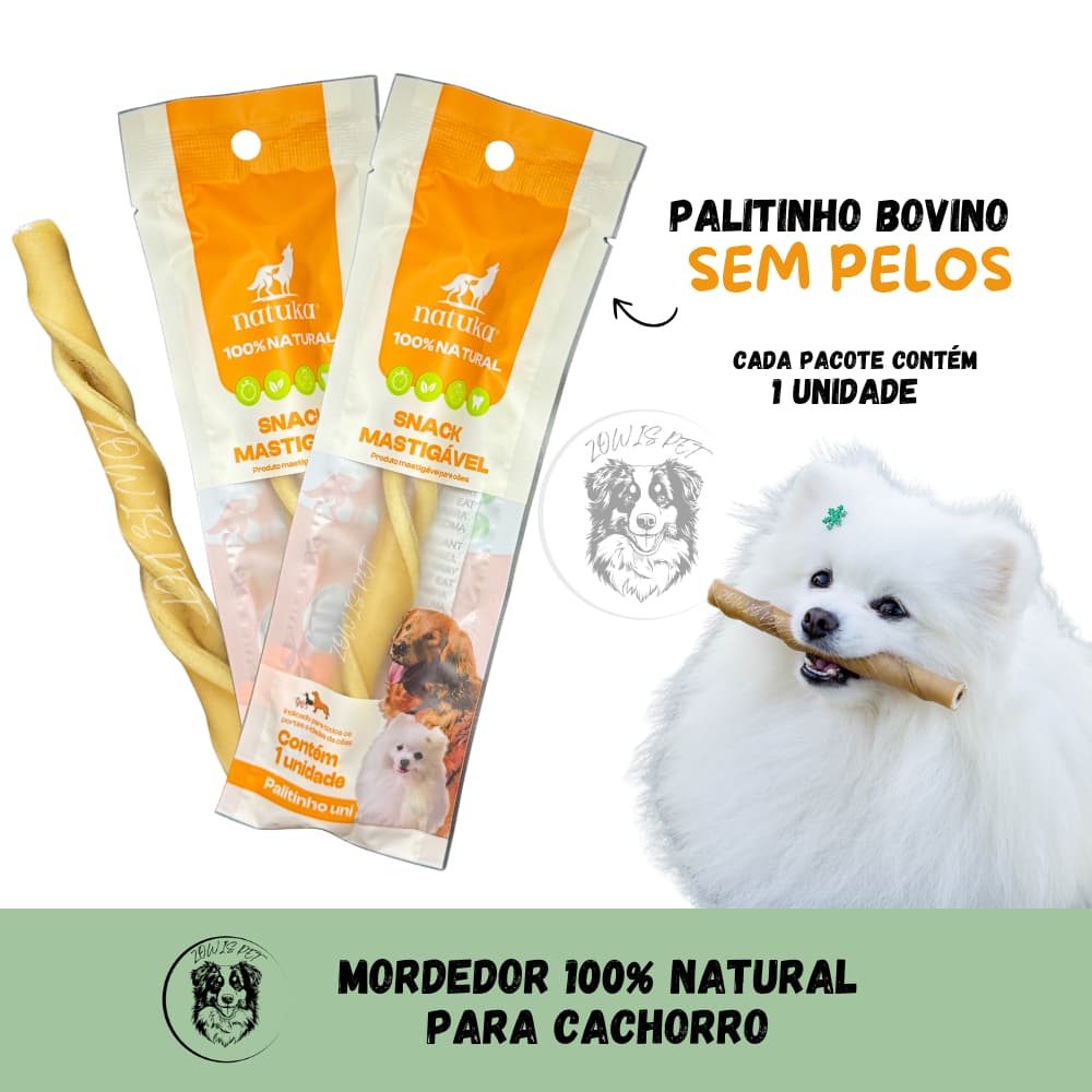 Mordedor 100% Natural Pet Palitinho de Couro Bovino Sem Pelos 1 Unidade para Cachorro - Natuka