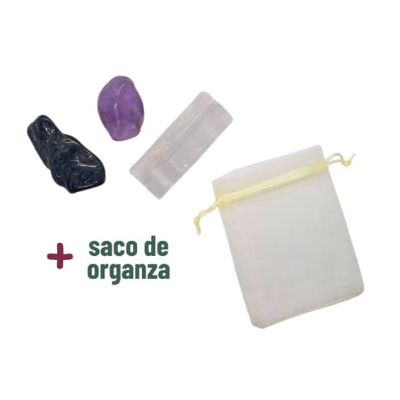 Kit Iniciantes Turmalina Ametista Selenita Pedra Natural Bruta Rolada com 3 Cristais e Informativo