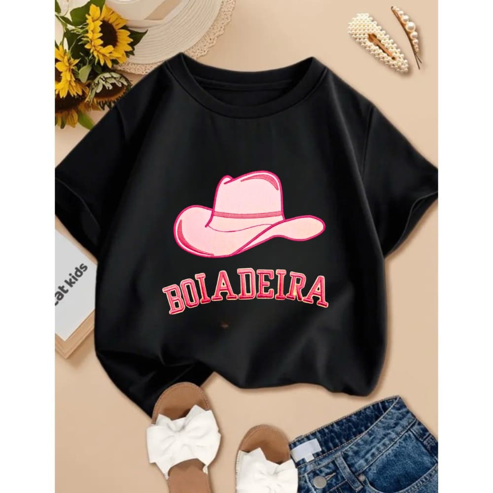 Camisa Camiseta Blusinha Blusa Infantil Juvenil Boiadeira Cavalgada Rodeio Girl 100% Algodão Chapeu Rosa