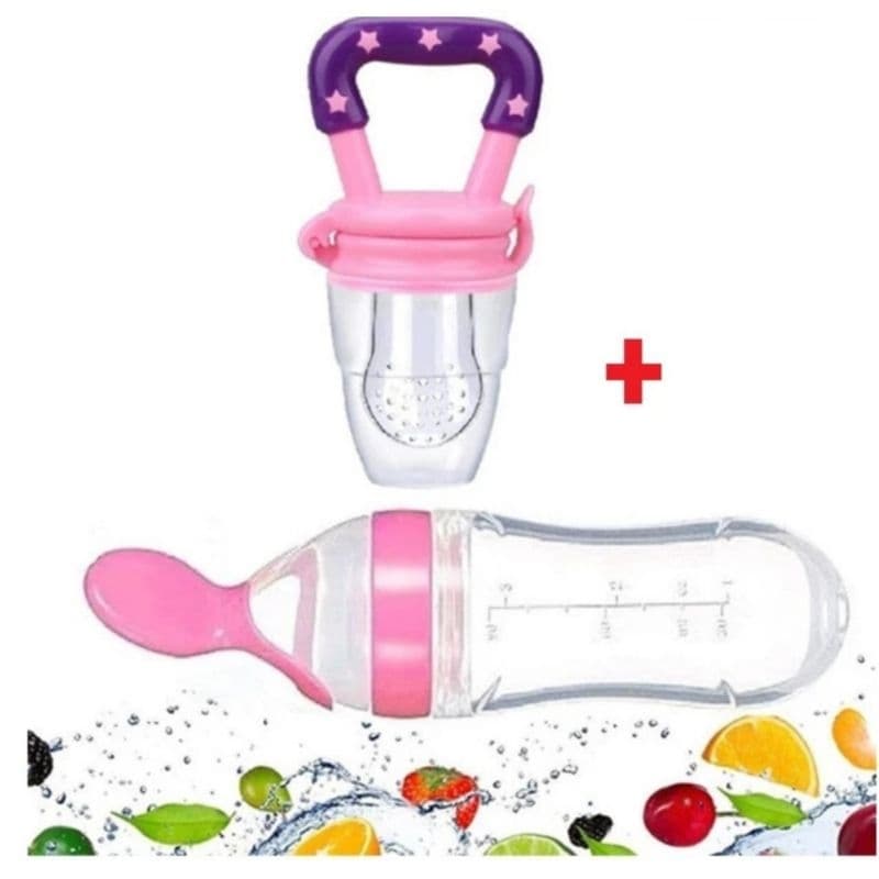 Kit Alimentação Chupeta Mordedor Porta Frutas e Mamadeira de Silicone com Colher Dosadora