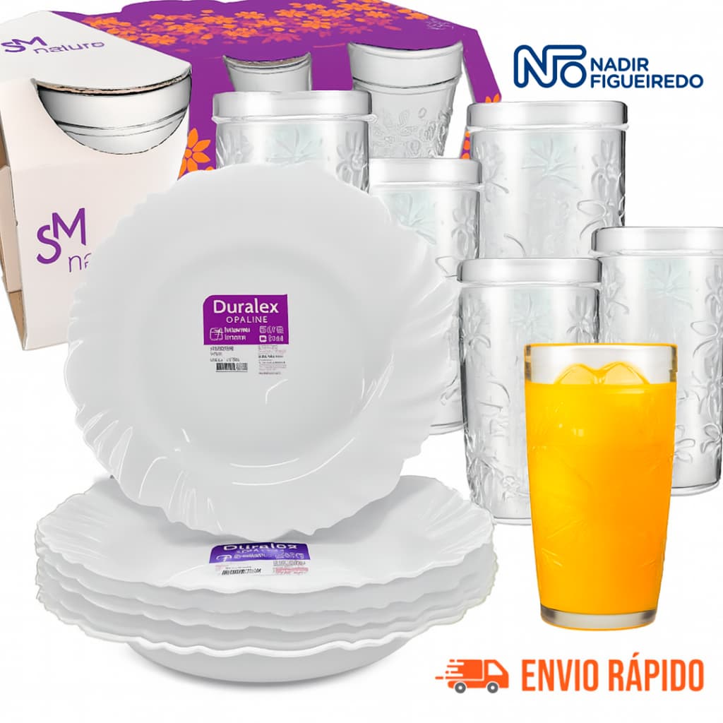 Jogo 12 Peças Duralex 6 Pratos Fundo Opaline 6 Copos Nature 270ml Vidro Temperado Buffet